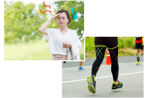 熱中症の女性と運動する人の写真